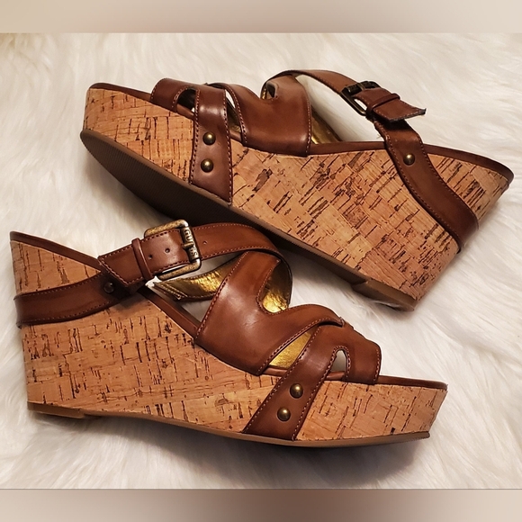 Guess Barclay Brown Leather Cork Wedge Platform Slip On Sandal Heels Size 10 - Picture 1 of 8